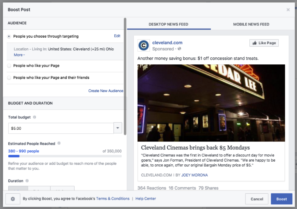 What advertising methods does Facebook offer users?