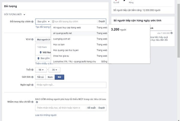 Facebook cung cấp cho người dùng những tệp đối tượng quảng cáo nào?