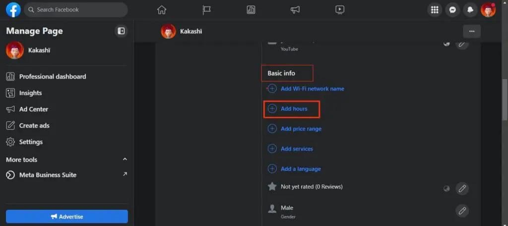 How to add business hours to Facebook page